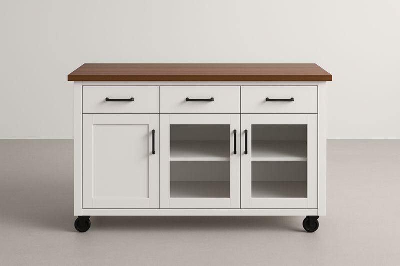 Carrello isola cucina rettangolare in legno e MDF bianco con ruote