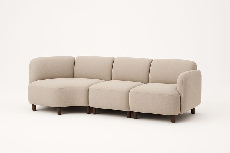 Divano angolare modulare in tessuto con gambe in legno