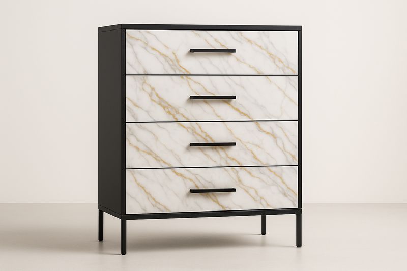 Cassettiera moderna a 4 cassetti effetto marmo con struttura in metallo nero