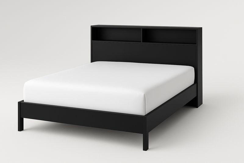 Letto matrimoniale in legno nero con testiera libreria