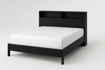 Letto matrimoniale in legno nero con testiera libreria