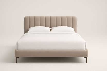 Letto matrimoniale in tessuto beige con testiera trapuntata