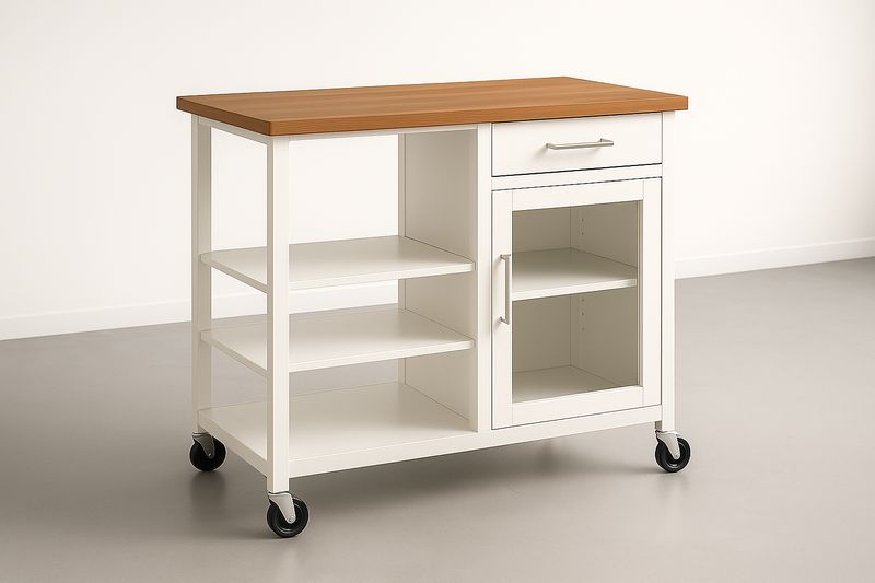 Carrello Cucina Bianco in MDF con Piano in Legno Massello e Ruote