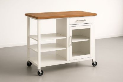 Carrello Cucina Bianco in MDF con Piano in Legno Massello e Ruote