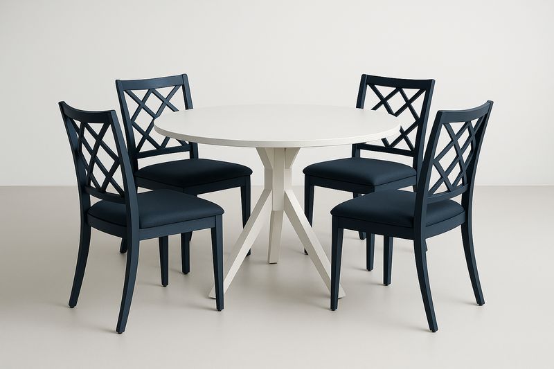 Set tavolo da pranzo rotondo in legno con sedie imbottite in tessuto