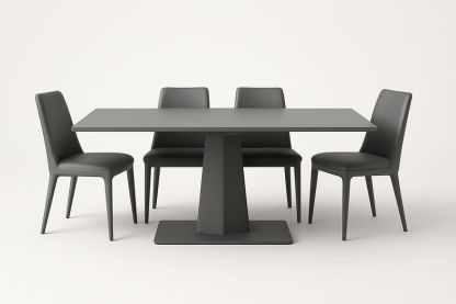 Set tavolo da pranzo rettangolare e sedie in metallo e PVC grigio