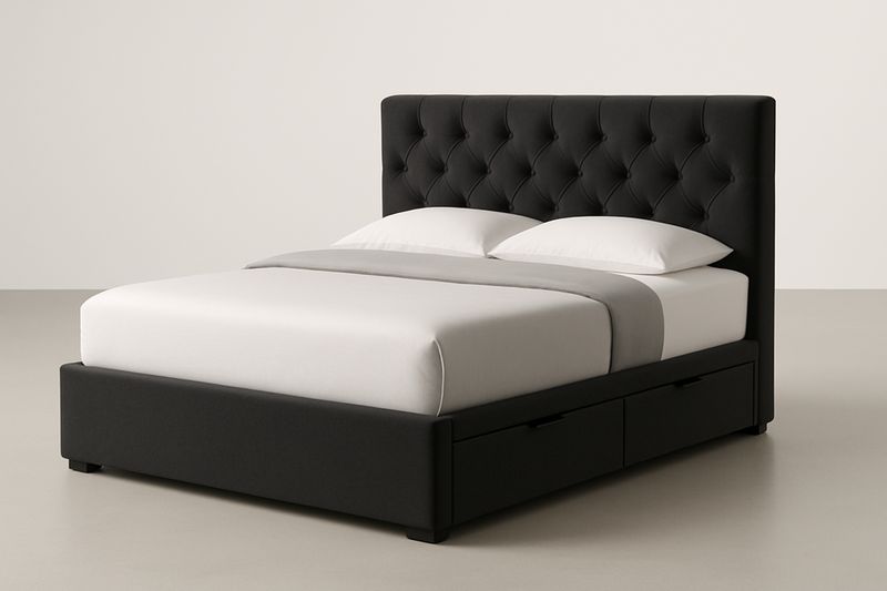 Letto matrimoniale in tessuto nero con testiera trapuntata e cassetti