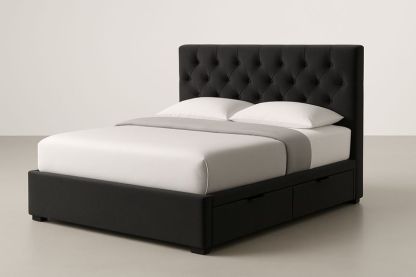 Letto matrimoniale in tessuto nero con testiera trapuntata e cassetti