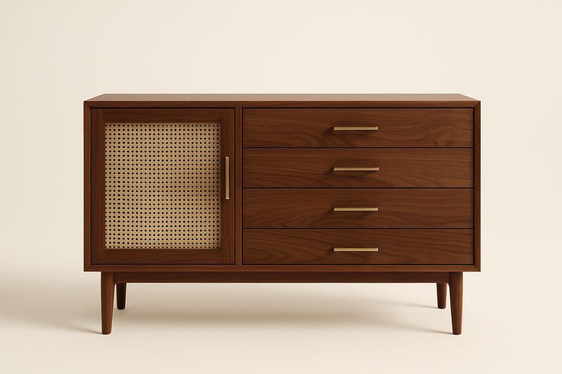 Credenza in legno noce con anta in paglia e 4 cassetti