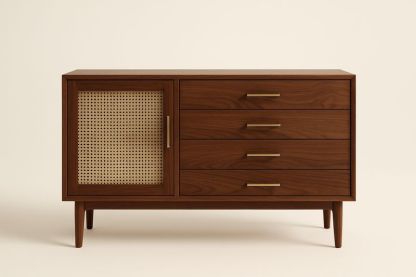 Credenza in legno noce con anta in paglia e 4 cassetti