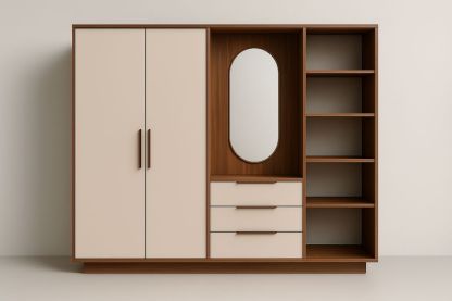 Armadio guardaroba in MDF con specchio ovale e cassetti beige