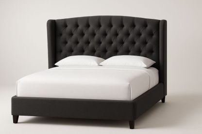 Letto matrimoniale imbottito in tessuto poliestere grigio con testiera capitonné