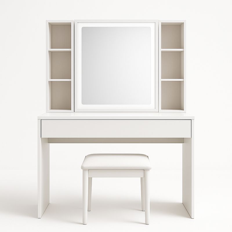 Tavolo da Toeletta Bianco con Specchio e Sgabello in Legno