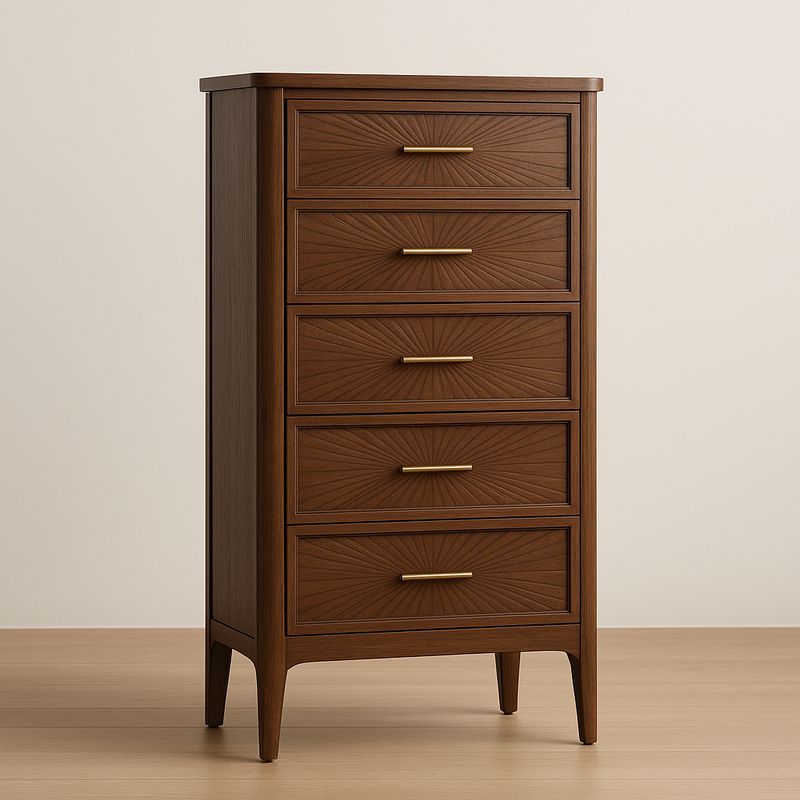 Cassettiera in Legno Marrone con 5 Cassetti e Maniglie in Metallo Dorato