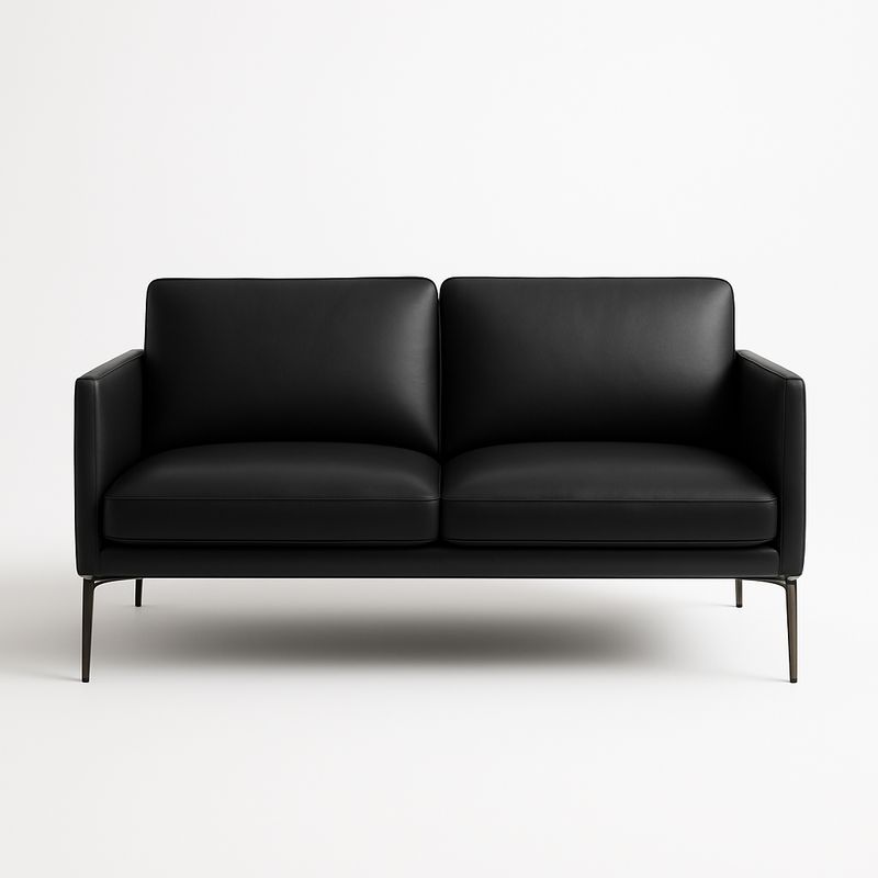 Divano a Due Posti in Pelle Nera con Gambe in Metallo