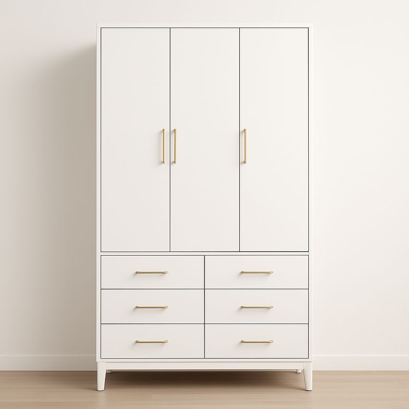 Armadio guardaroba in MDF bianco con 3 ante e 6 cassetti, maniglie in metallo