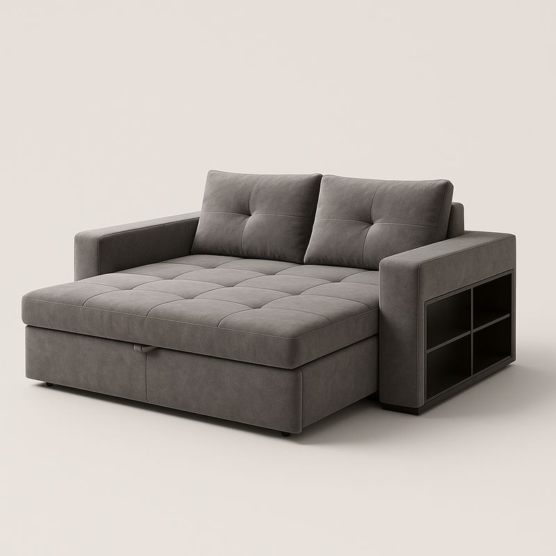 Divano letto in tessuto con braccioli e scaffali integrati 200x160 cm