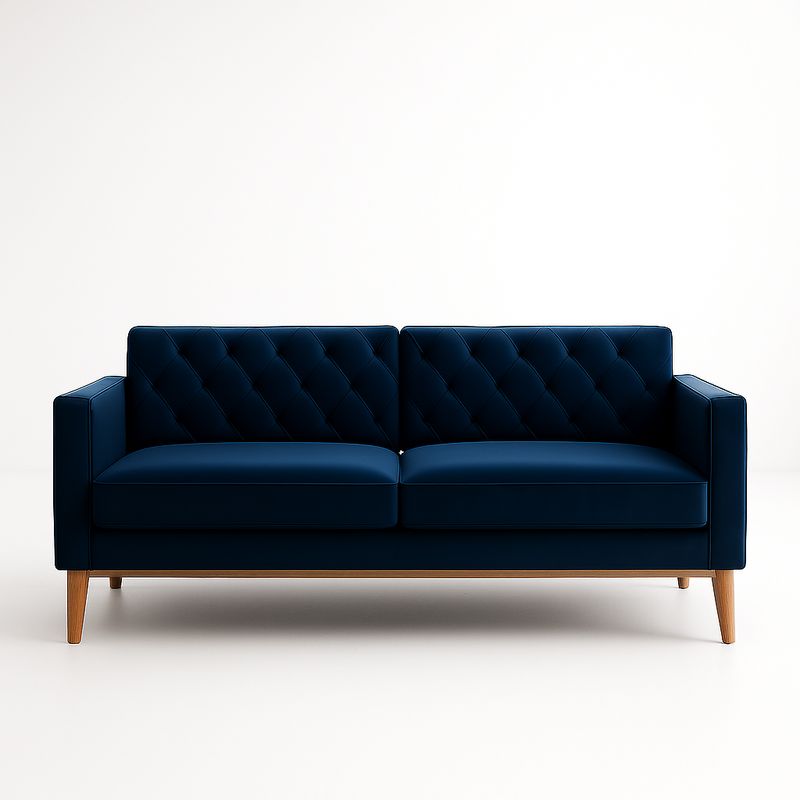 Divano due posti in velluto blu con gambe in legno