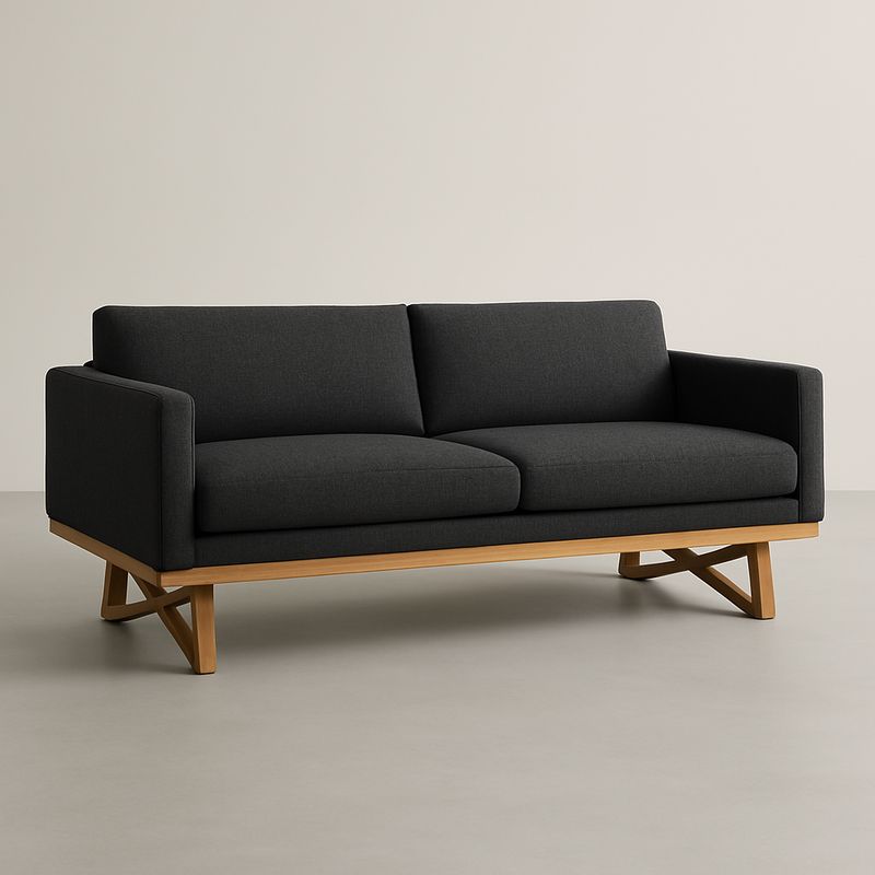 Divano a tre posti in tessuto grigio scuro con struttura in legno