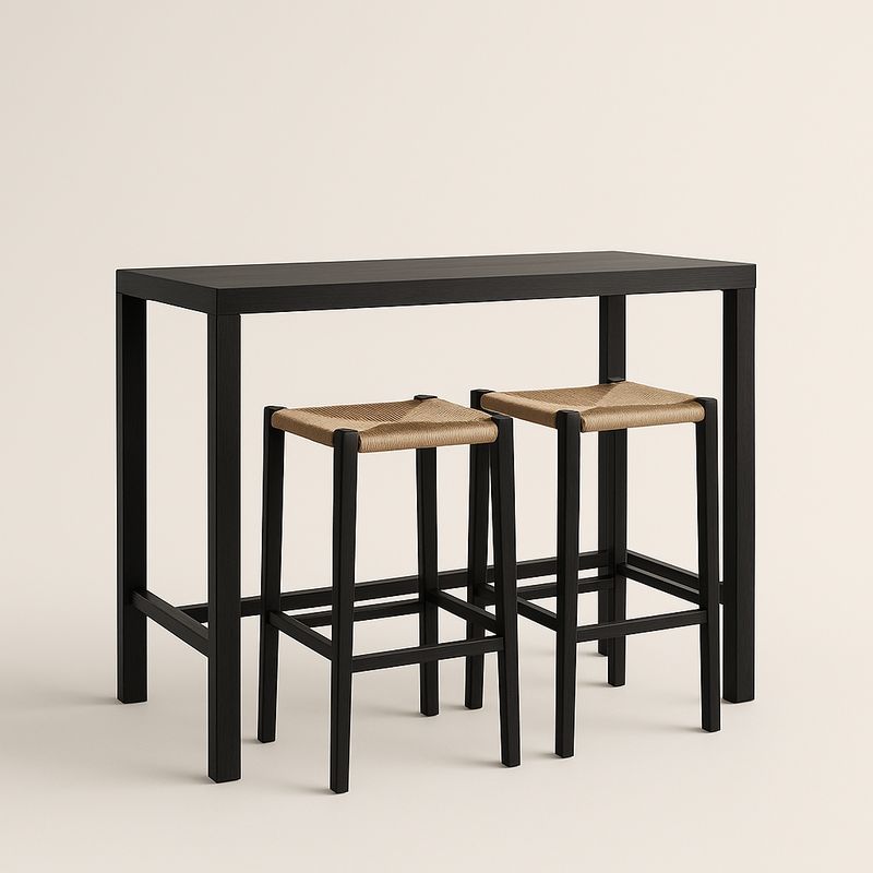 Tavolo Bar Rettangolare Nero con 2 Sgabelli in Legno e Paglia
