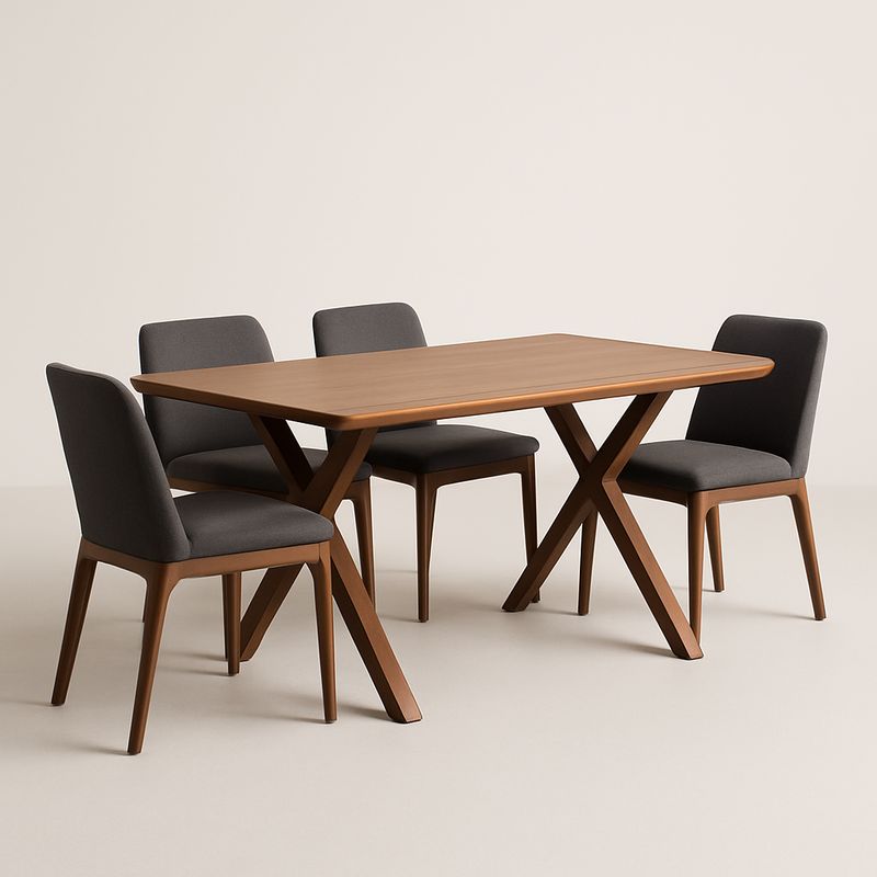 Set Tavolo da Pranzo in Legno con 4 Sedie in Tessuto