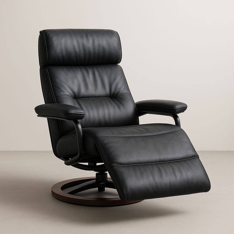 Poltrona reclinabile in pelle nera con base in legno