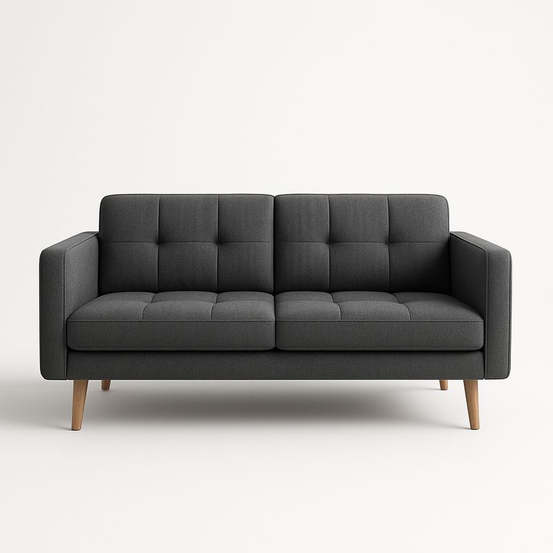 Divano a due posti in tessuto grigio con gambe in legno