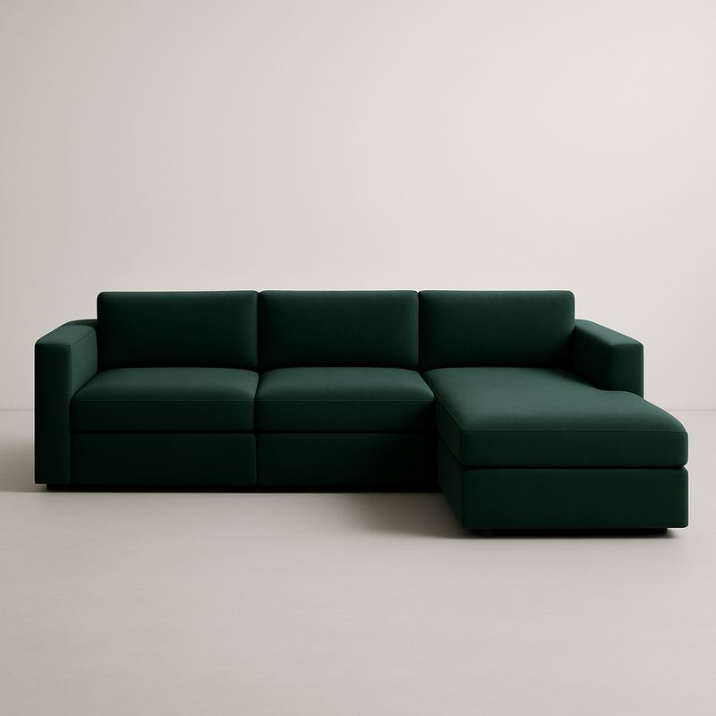 Divano angolare verde scuro in tessuto poliestere con struttura in legno