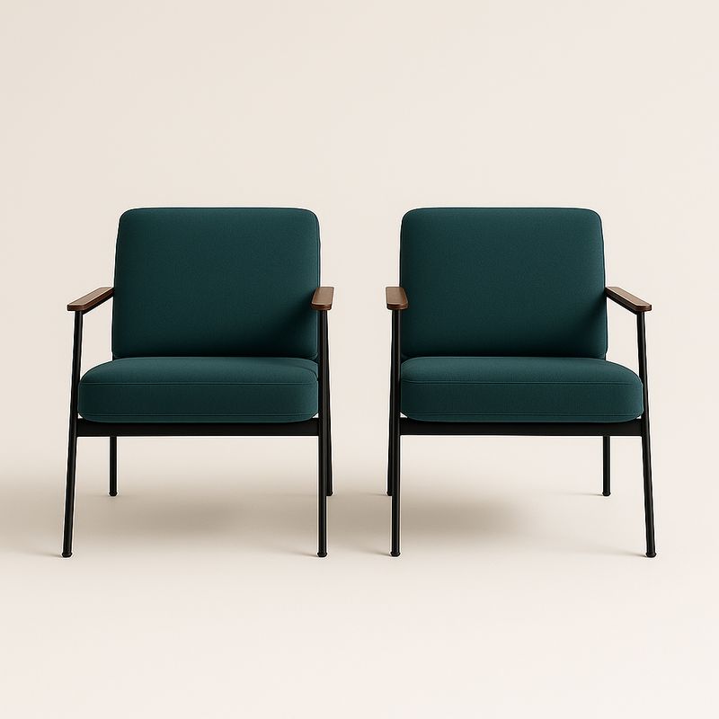 Set di 2 poltrone in metallo con braccioli in legno e rivestimento verde scuro