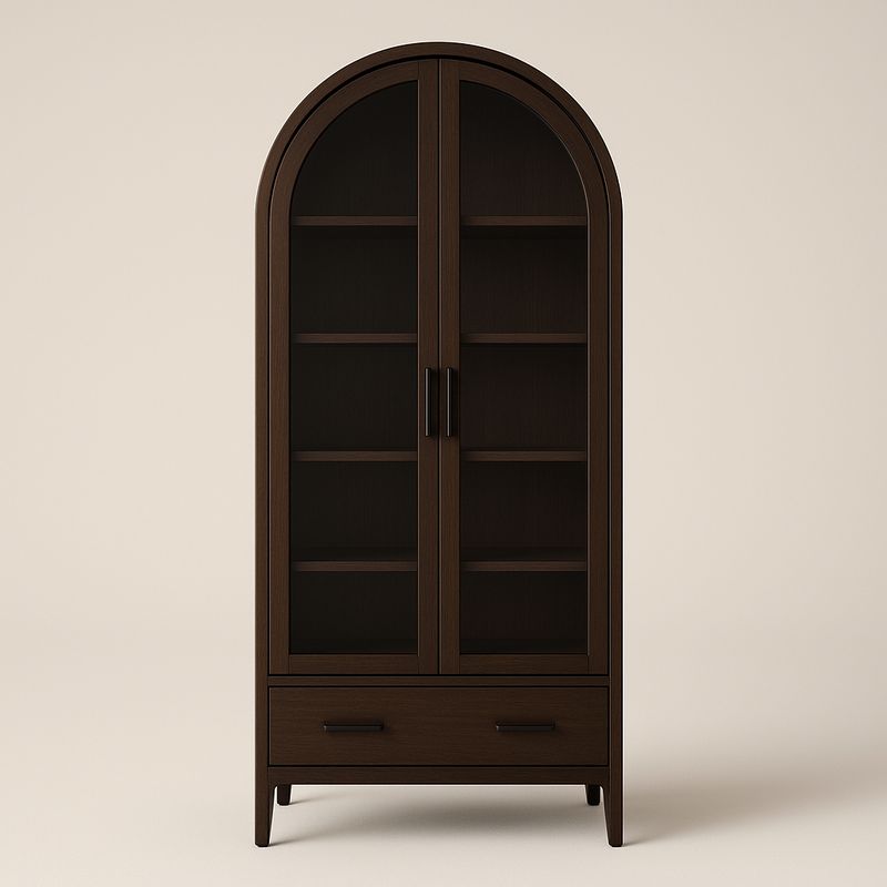 Vetrina espositiva in legno color marrone scuro a forma di arco