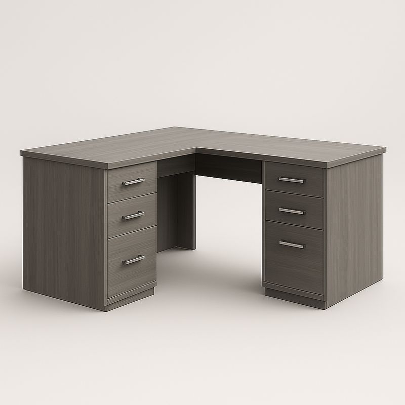 Scrivania Angolare in Legno Grigio con Sei Cassetti