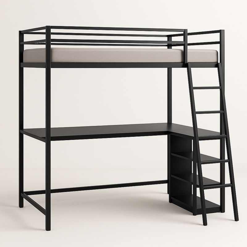 Letto a Soppalco Metallo Nero con Scrivania e Scaffali