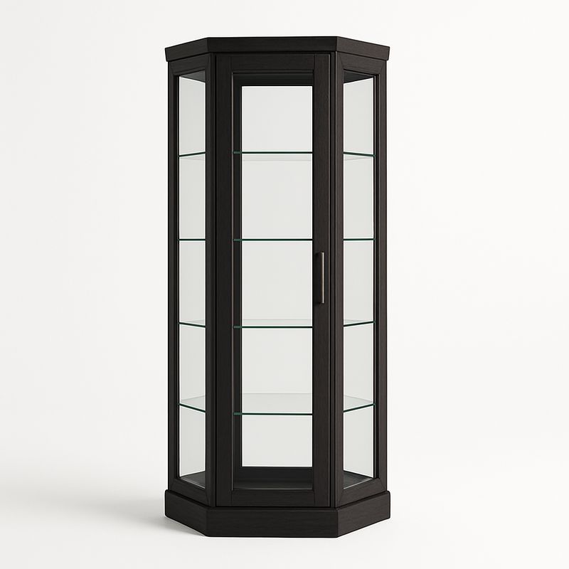 Vetrina angolare in legno nero con vetro temperato