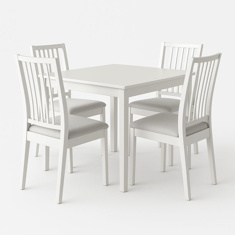 Set da pranzo quadrato in legno bianco con 4 sedie imbottite