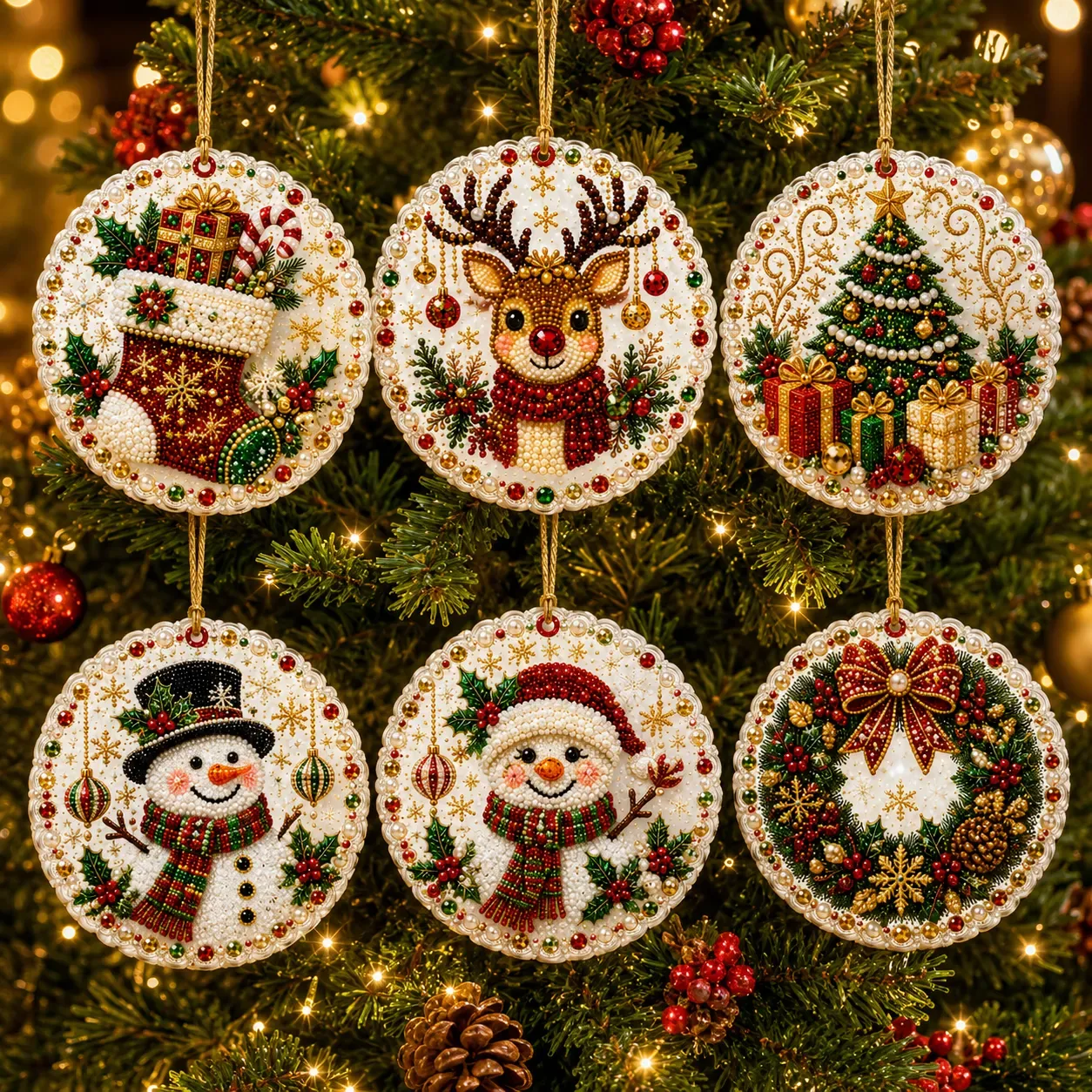 Golden Lace Christmas - 6 PCS - Christmas wooden diamond painting ornaments
