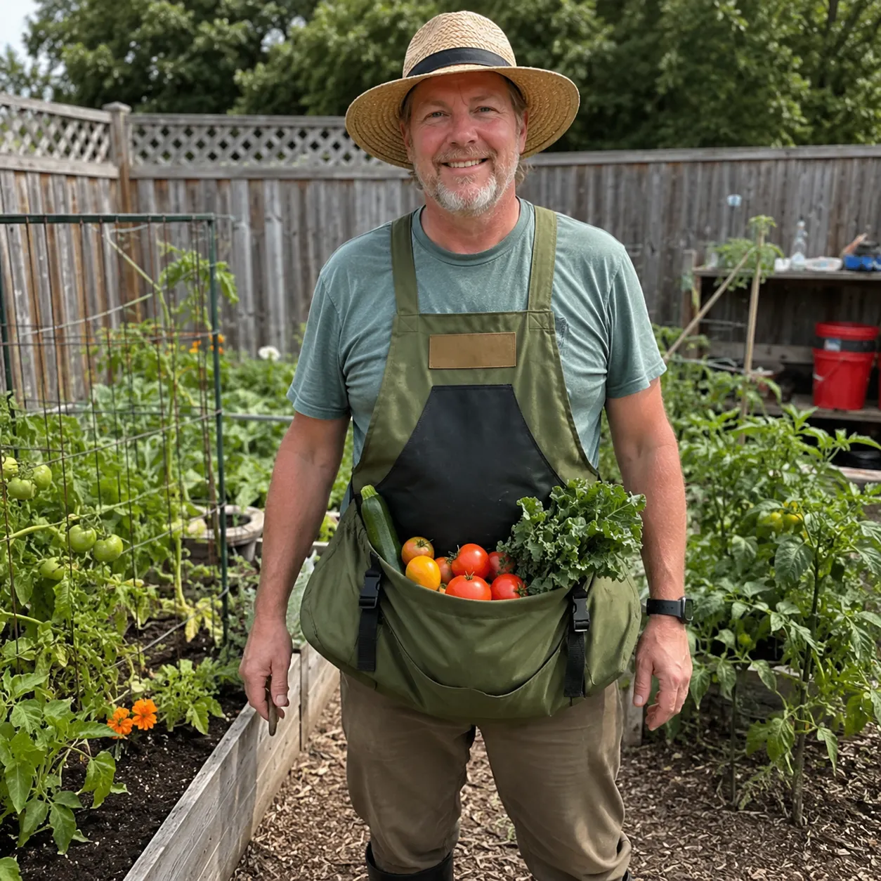 Loaded harvest carrier in a backyard garden