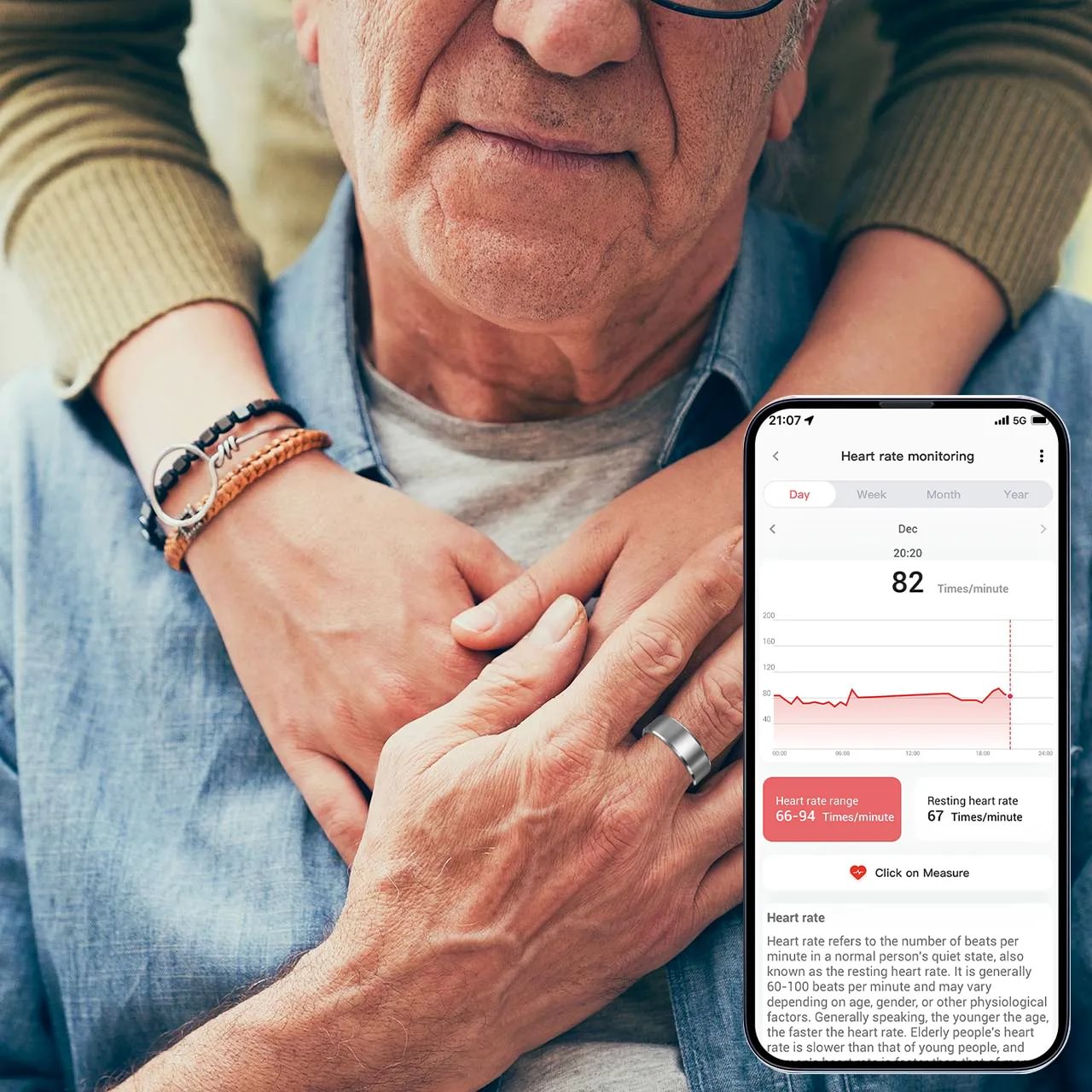 Older adult wearing a smart ring beside a heart rate app trend view