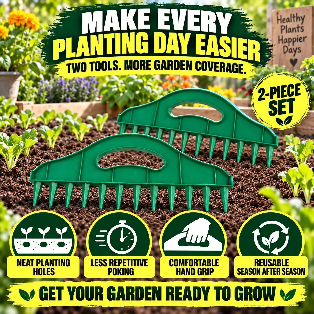 🏡 2-Pack Garden Seed Spacing Tool – Multi-Row Soil Dibbler & Furrow Maker