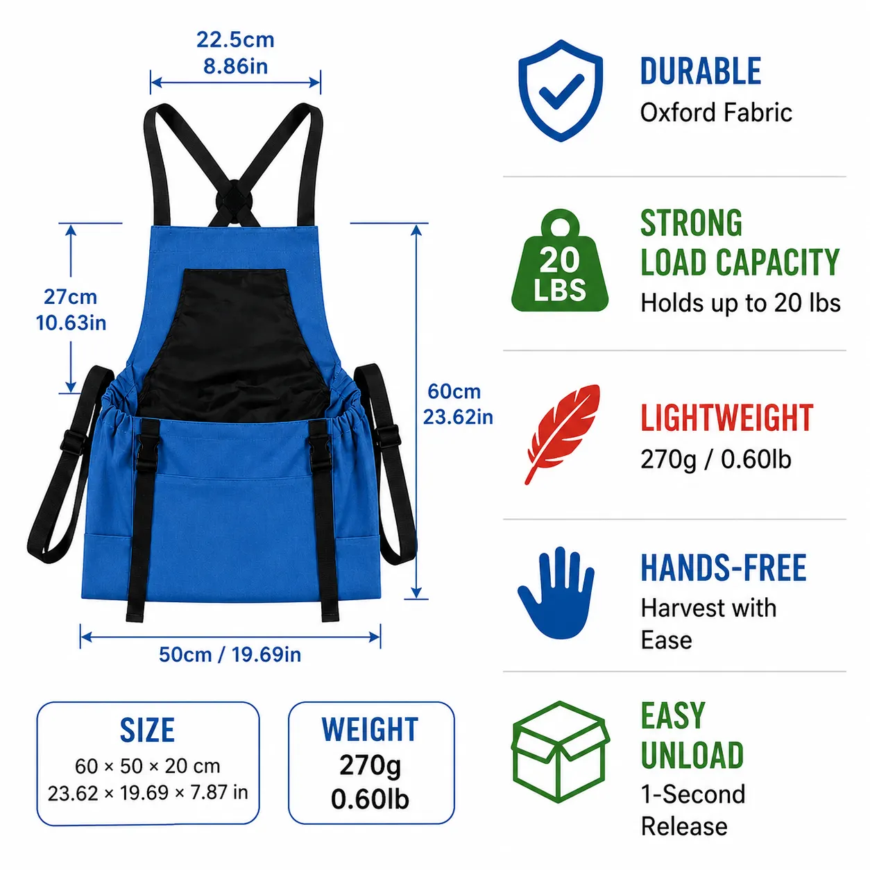 Harvest apron dimensions, weight, material, and capacity