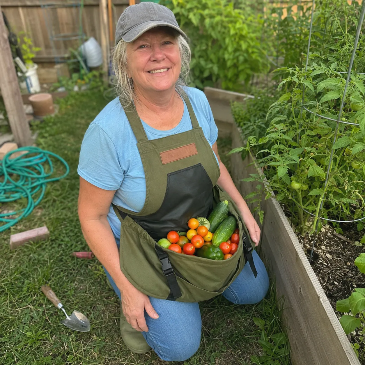 Gardener using the carrier beside a raised bed