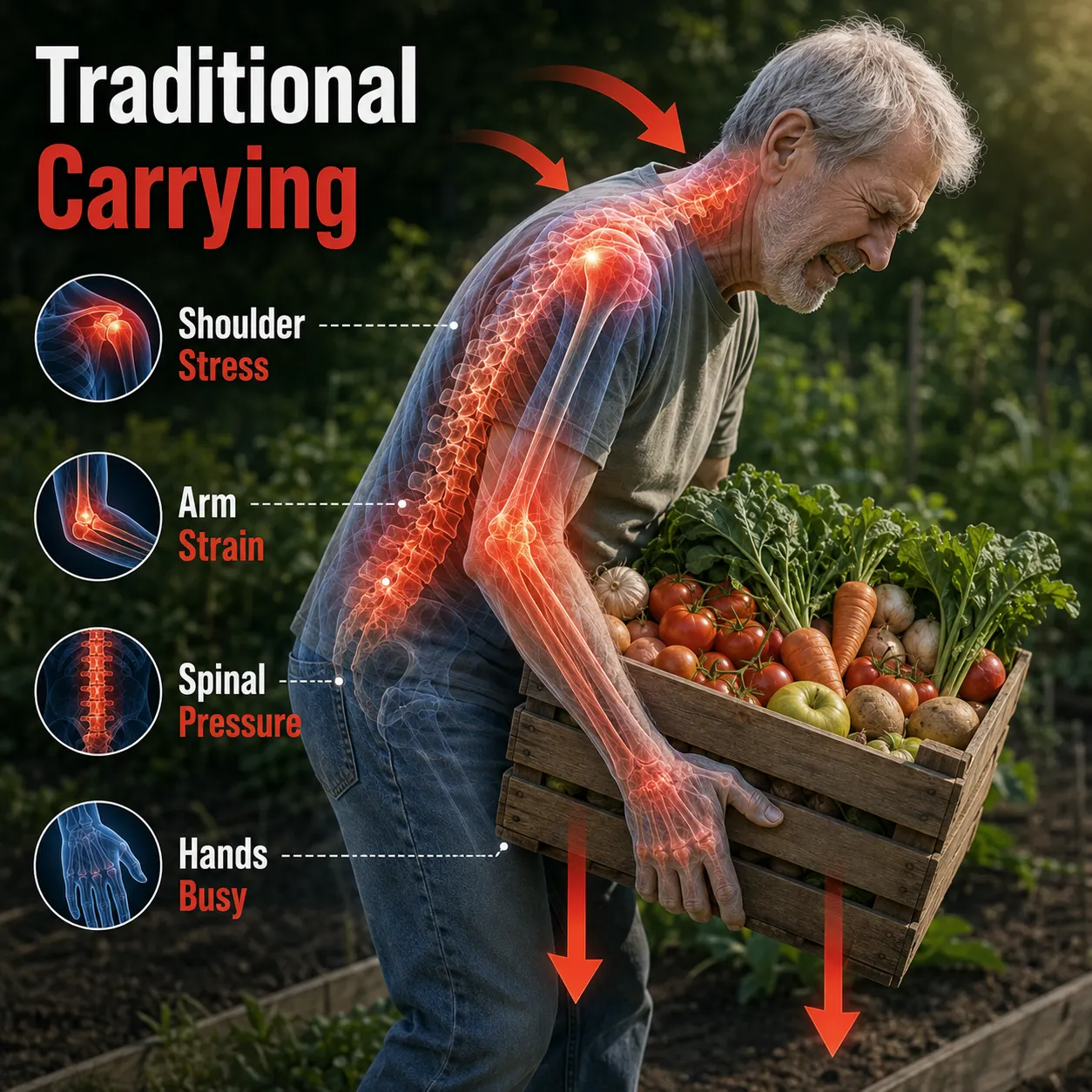 Traditional garden carrying pulling on the shoulders and arms