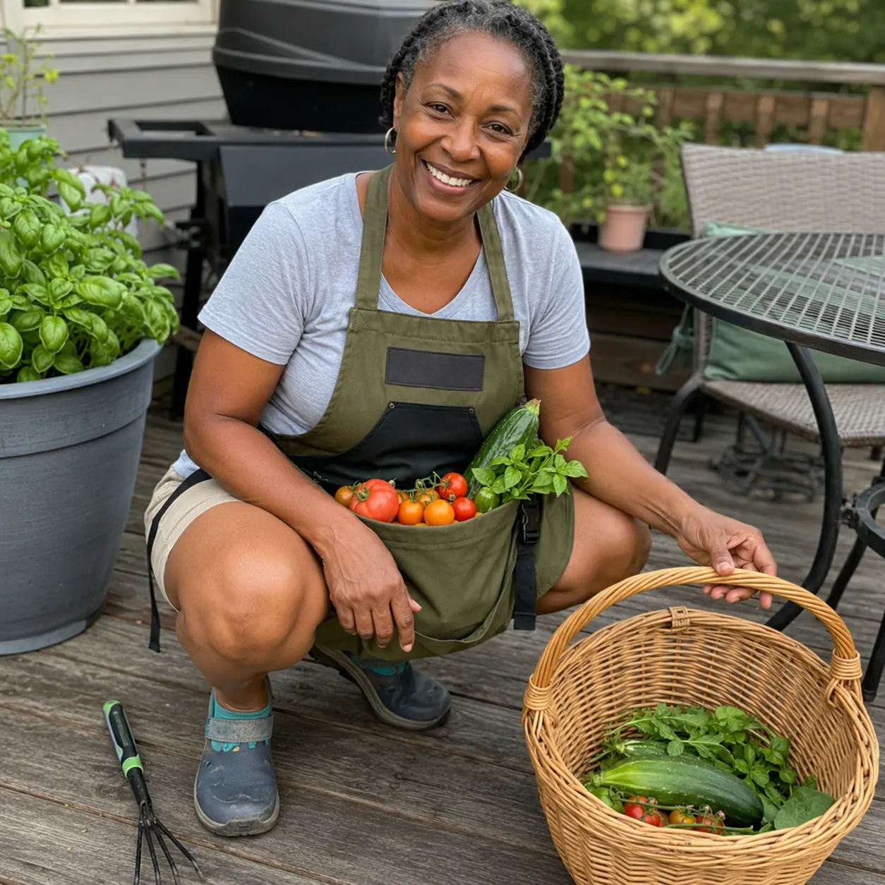 Gardener beside a basket with the apron loaded