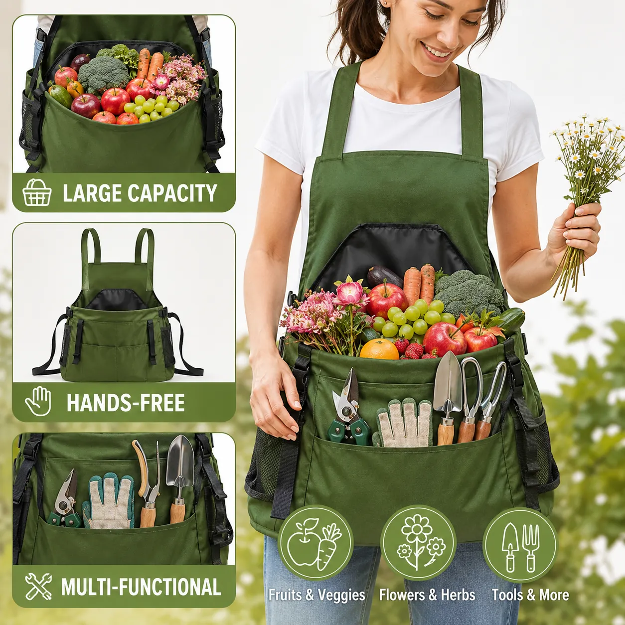 Multi-functional harvest apron carrying vegetables, flowers, and tools