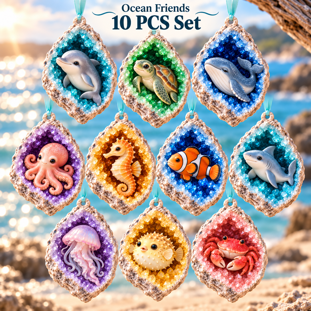 Ocean Friends complete collection: ten ocean geode animal ornaments