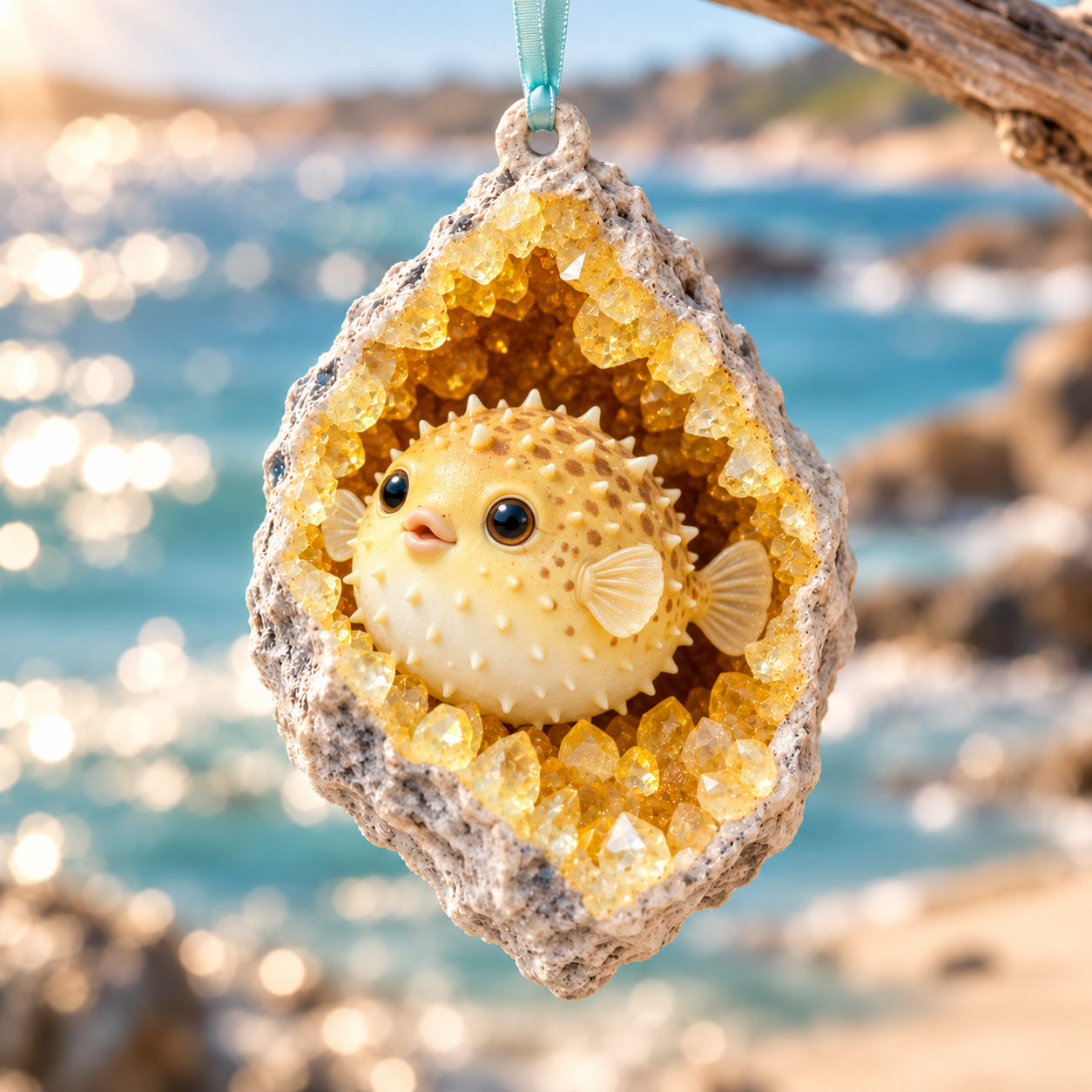 Pufferfish ocean geode ornament