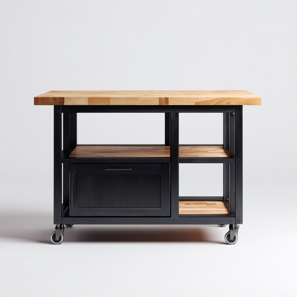 Îlot de cuisine - métal - bois - 90x50x90 cm - noir-naturel - style moderne-Nestleify
