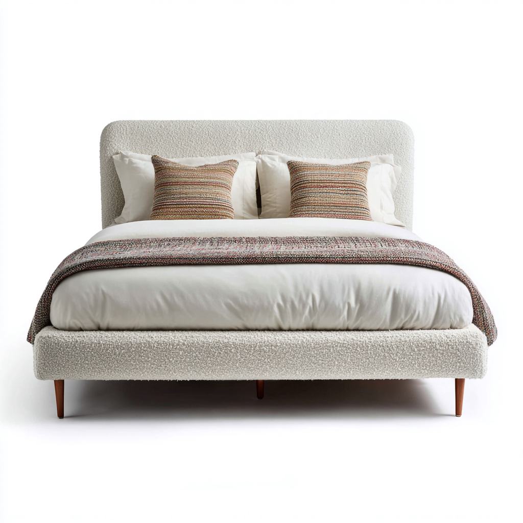 Lit double - tissu bouclé - bois - 200x160x110 cm - blanc cassé - style moderne-Nestleify