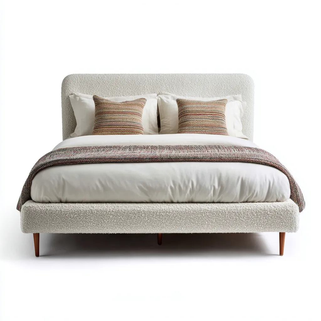 Lit double - tissu bouclé - bois - 200x160x110 cm - blanc cassé - style moderne-Nestleify