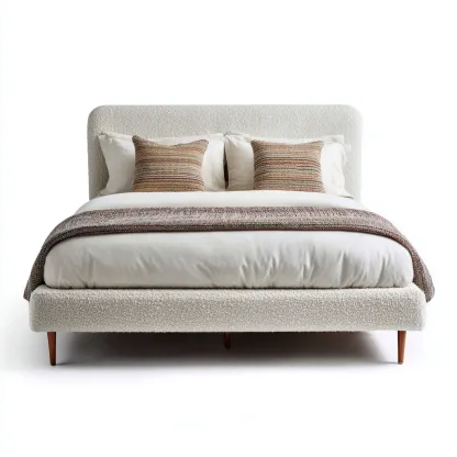 Lit double - tissu bouclé - bois - 200x160x110 cm - blanc cassé - style moderne-Nestleify