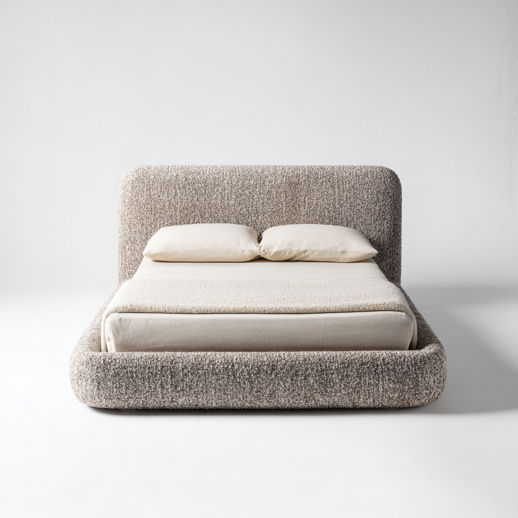 Lit double - tissu bouclé - bois - 200x160x110 cm - beige - style moderne-Nestleify